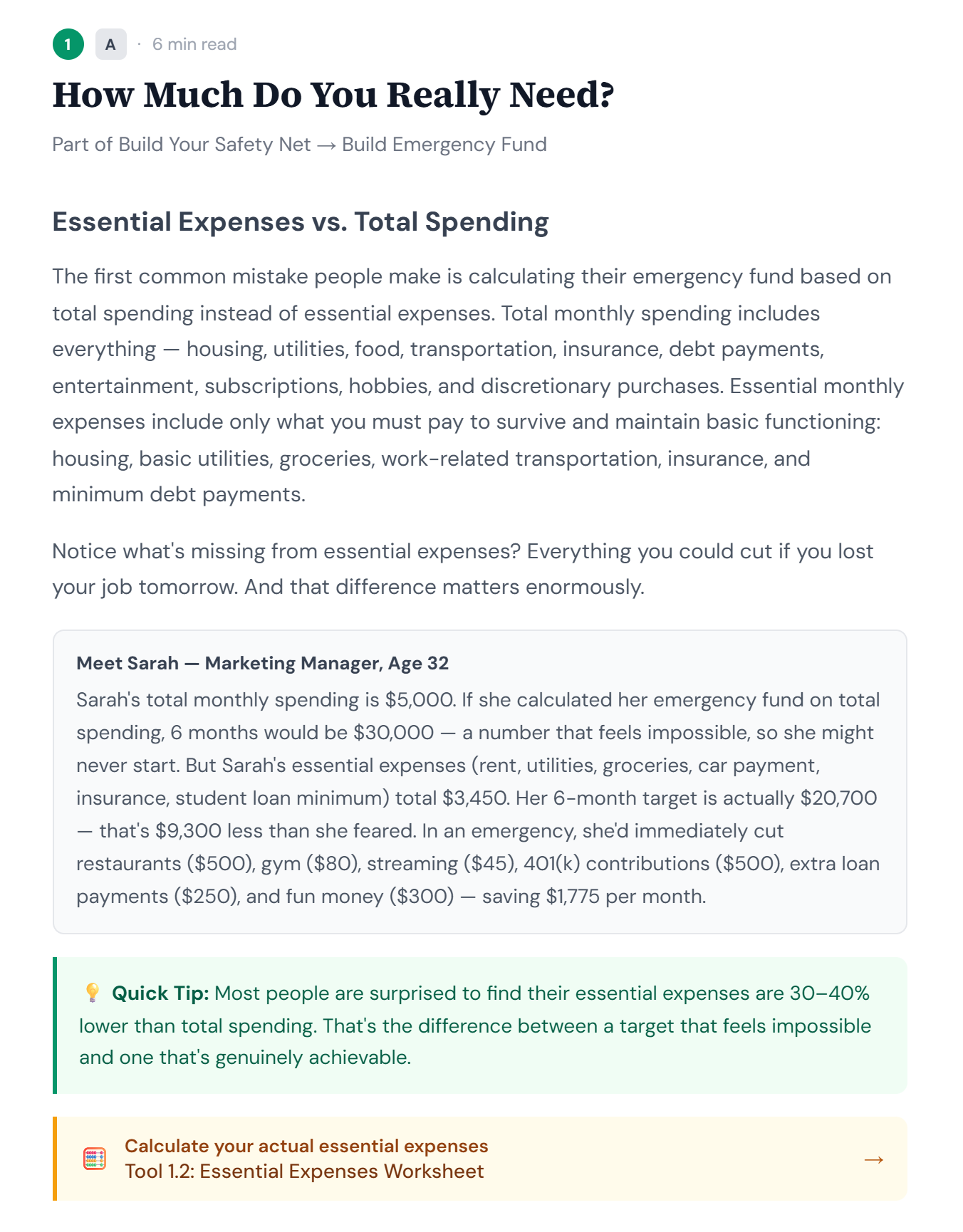 Short lesson screen explaining essential expenses versus total spending
