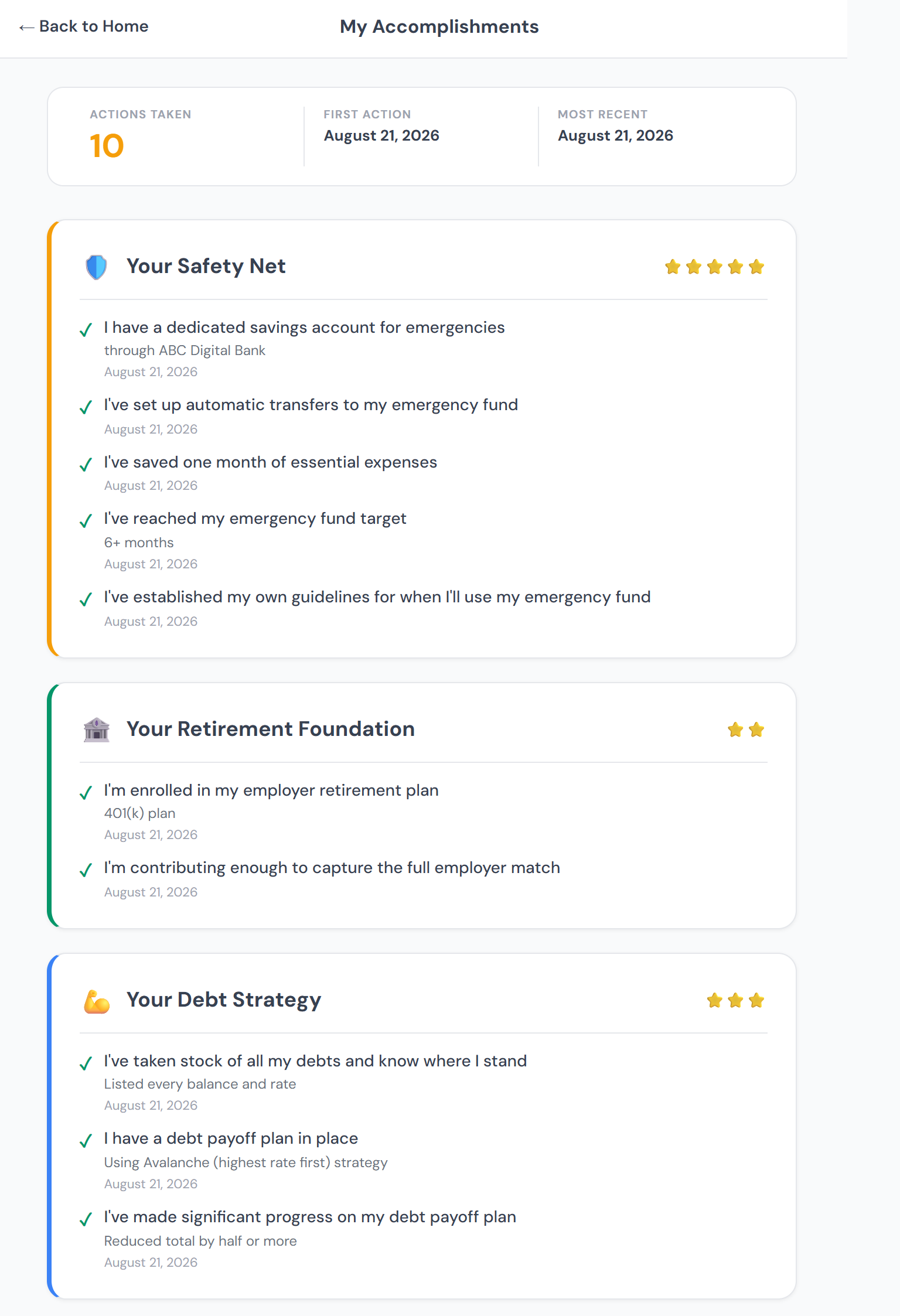 Screenshot of the Accomplishments screen listing completed financial milestones with dates